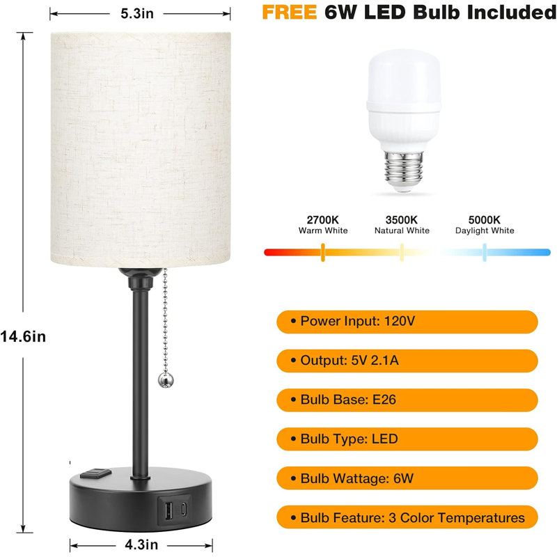 Lampe de chevet moderne avec 3 modes de couleur, ports USB-C et USB, prise de courant, contrôle par chaîne, base en métal pour chambre à coucher, bureau ou chambre d'enfant