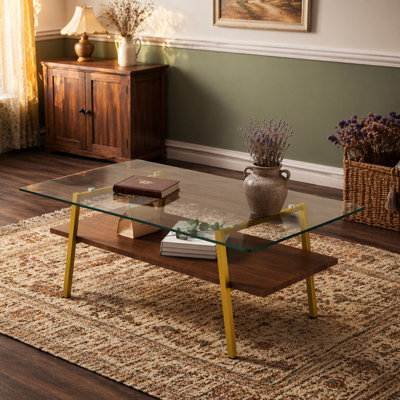 Rectangle Coffee Table, Tempered Glass Tabletop with Metal Legs