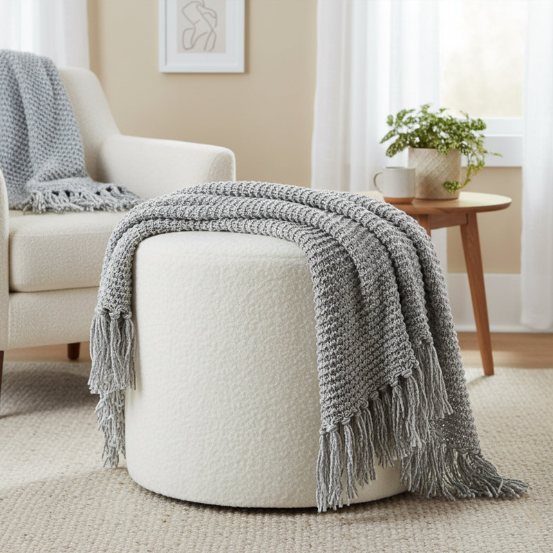 19-Inch Wide Round Pouf Ottoman Footstool, Versatile Upholstered Design For Living Room, Bedroom, White