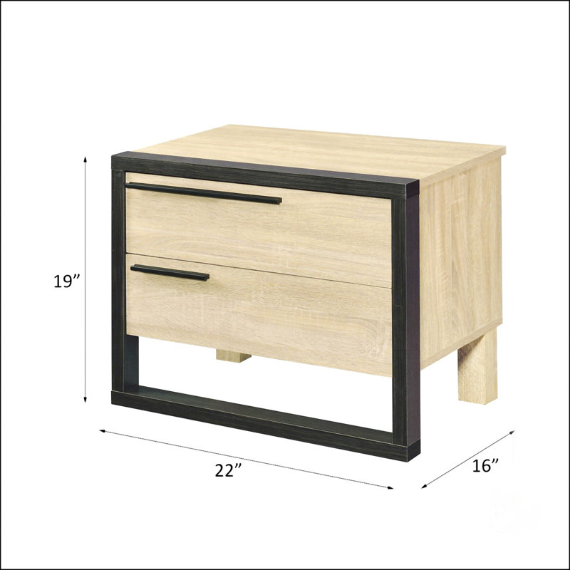Table de chevet chic et fonctionnelle avec deux tiroirs, combinant des styles rustique et industriel.