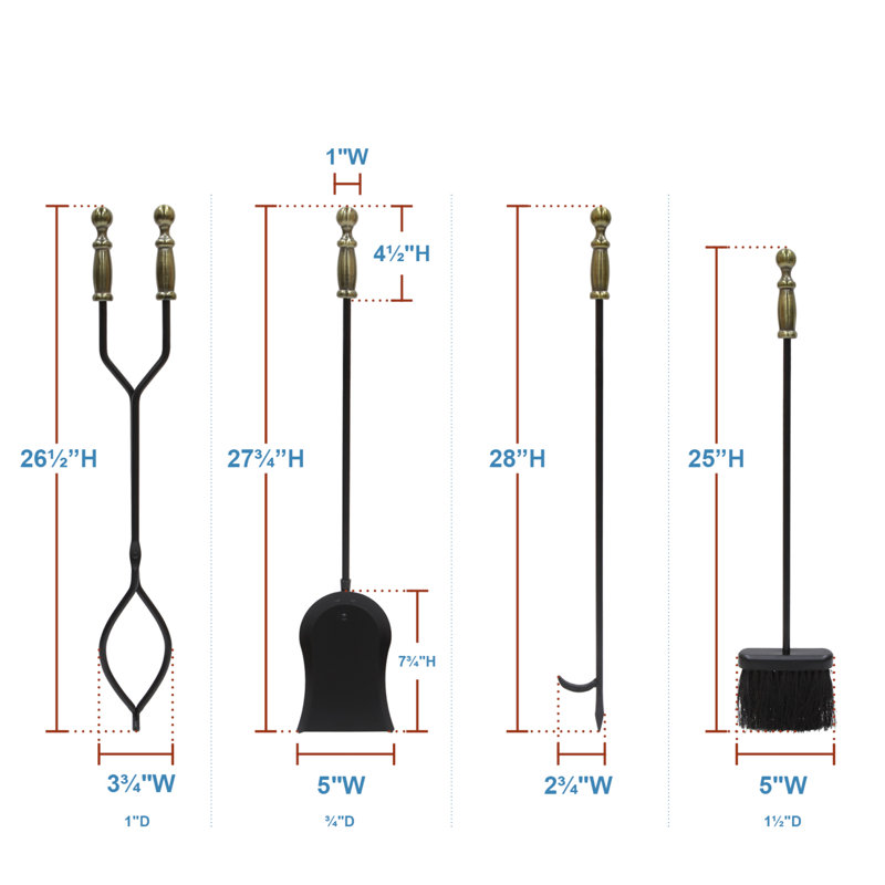 Verrett Iron Fireplace Tool Set, 30.50" H x 6.75" W x 9.75" D, Antique Brass Plated/Black