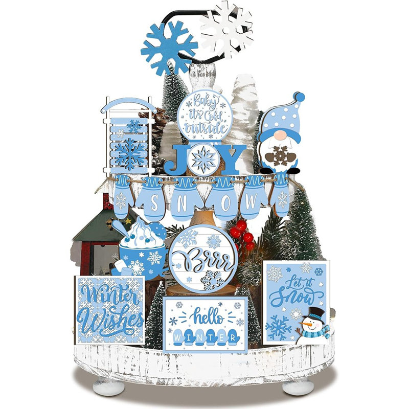 Ensemble de décorations à plateaux en forme de bonhomme de neige Winter - bleu et blanc