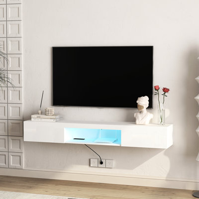Meuble télé 16 couleurs à DEL flottant, pouvant accueillir de 60 à 69 pouces, blanc avec un espace de rangement suffisant, style 63 "pour téléviseur 55 60 65", blanc, beaucoup de rangement