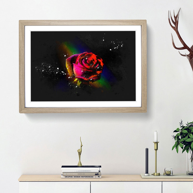 Rainbow Upon A Red Rose - Picture Frame Graphic Art, 24cm H x 33cm W x 2cm D, Oak Framed