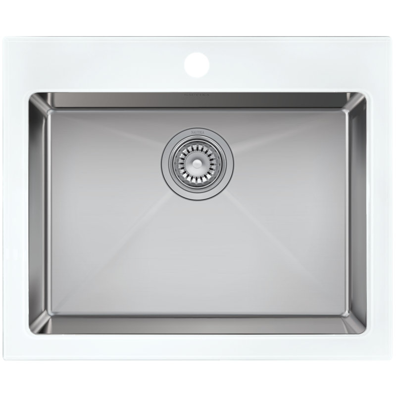 Évier de cuisine encastré à simple cuve en acier inoxydable avec 2 trous de robinet Nautika, L 21 po x l 21 po, Blanc