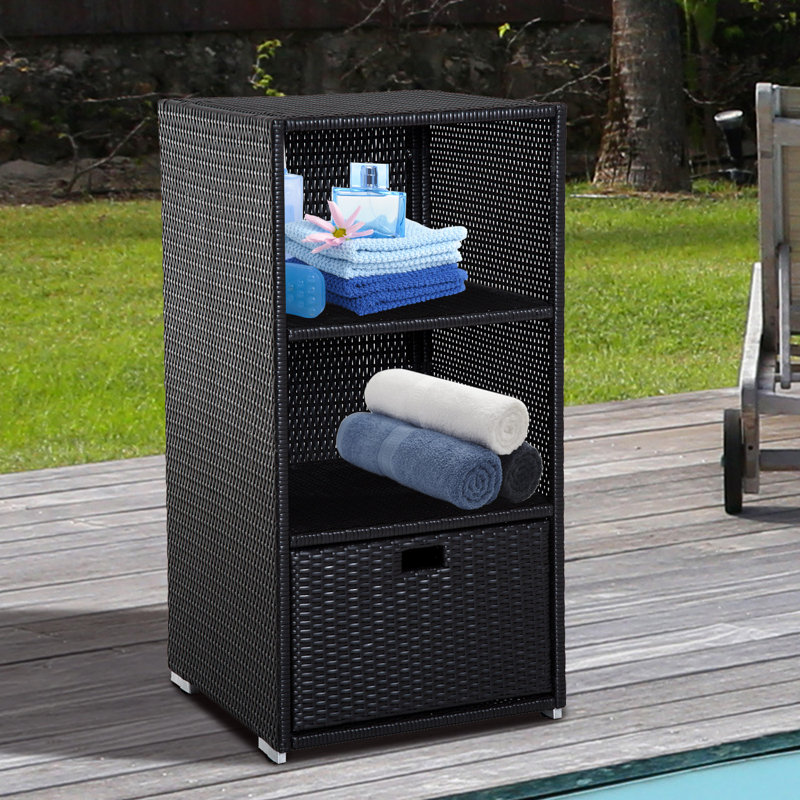 Armoire à serviettes près de la piscine, osier en rotin avec rangement, tablettes à 2 niveaux et tiroir inférieur, pour piscine, patio, 47 po, brun foncé