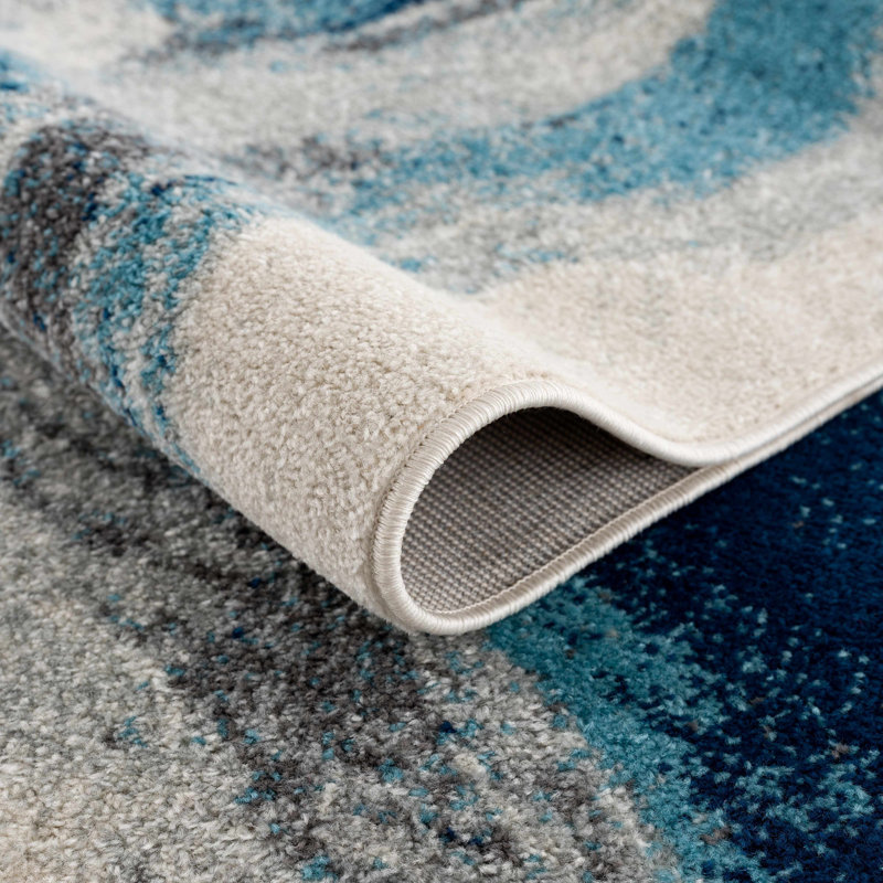 Rectangle Bryian Abstract Power Loomed Polypropylene Area Rug in Blue/Grey/Beige, Runner 2'7" x 7'3"