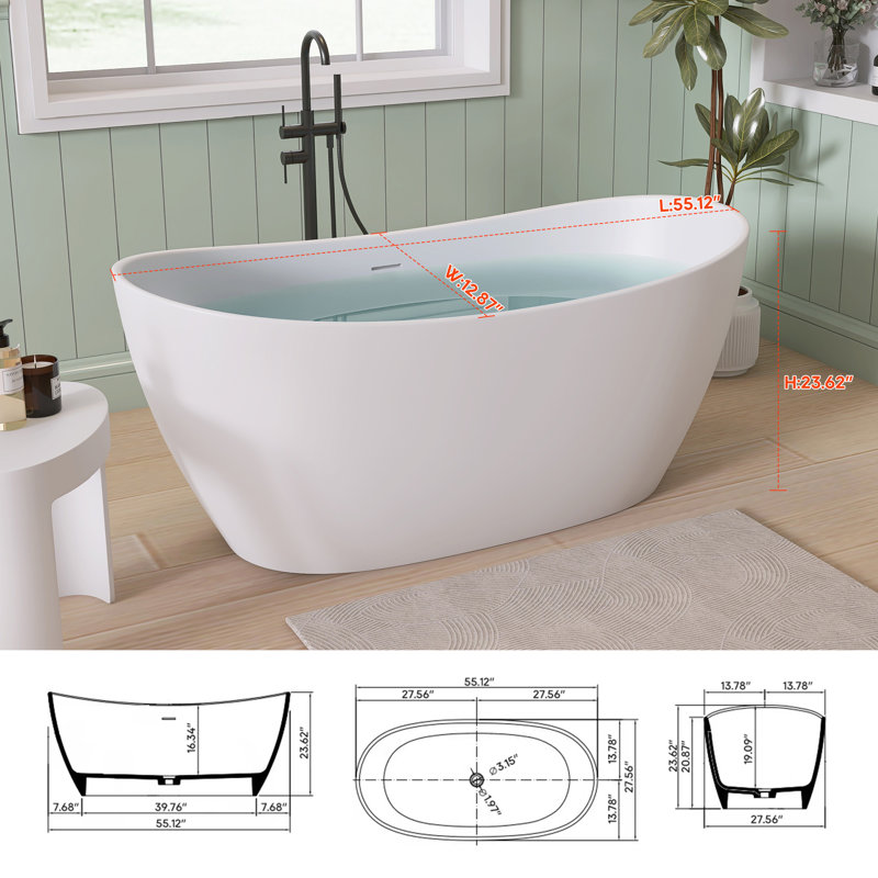 55'' Freestanding Soaking Solid Surface Bathtub