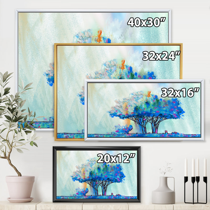 «Blue Colored Tree Impression I», peinture sur toile, H 16 po x l 32 po x p 1 po, Cadre flottant doré