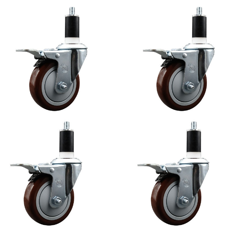 4 Inch SS Poly Swivel 1-3/8 Inch Expanding Stem Caster Set Total Lock Brake, Black
