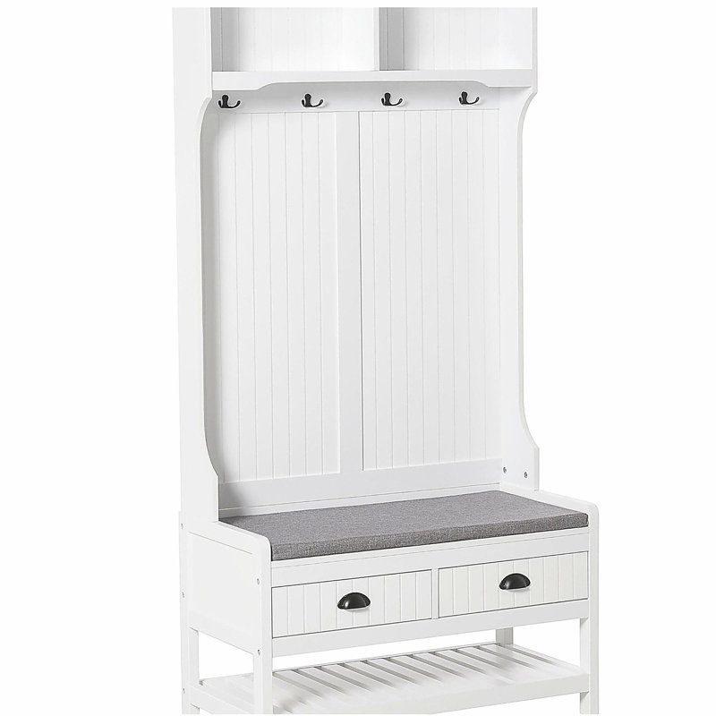 3-in-1 Hall Tree, Entryway Bench with Coat Rack, Mudroom Bench with Shoe Rack, 2 Storage Drawers, 4 Hooks and Padded Seat Cushions for Hallway, White