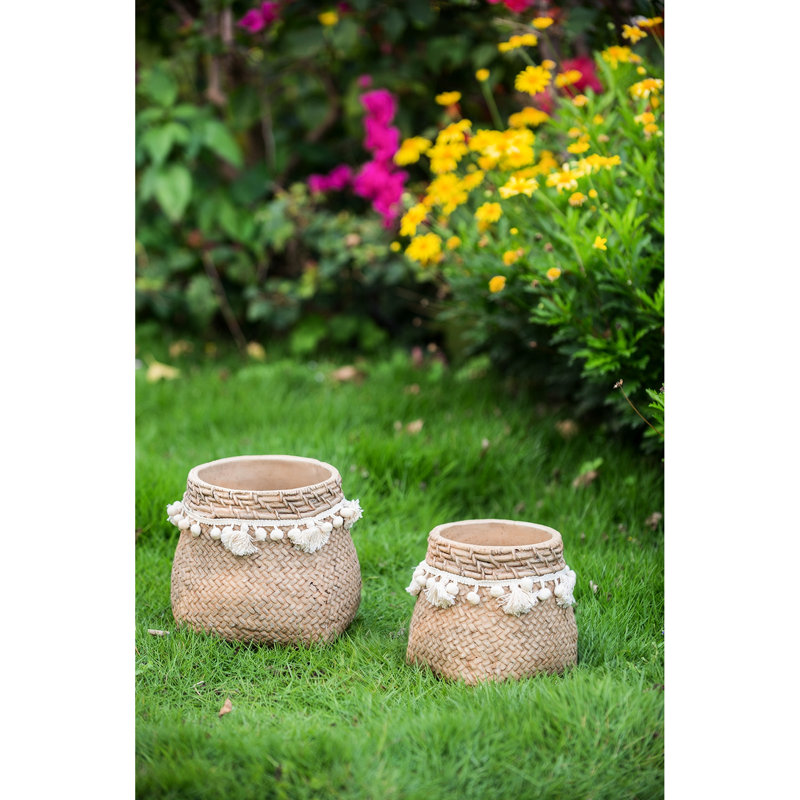 6.5X6.5X6 Inches Woven Tassel Brown Cement Planters, Of 2, Cream And , Suitable For Transitional Decor 2 Design, Brown, Fits Motifs