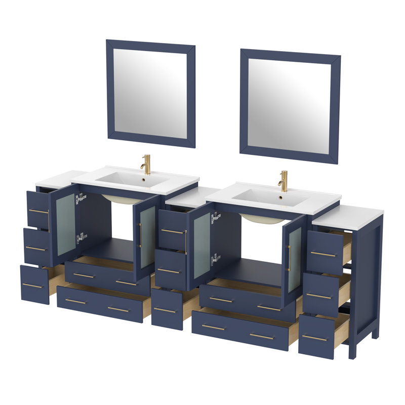  Modern 96" Double Sink Freestanding Bathroom Vanity with Ceramic Top and Matching Mirrors, Blue