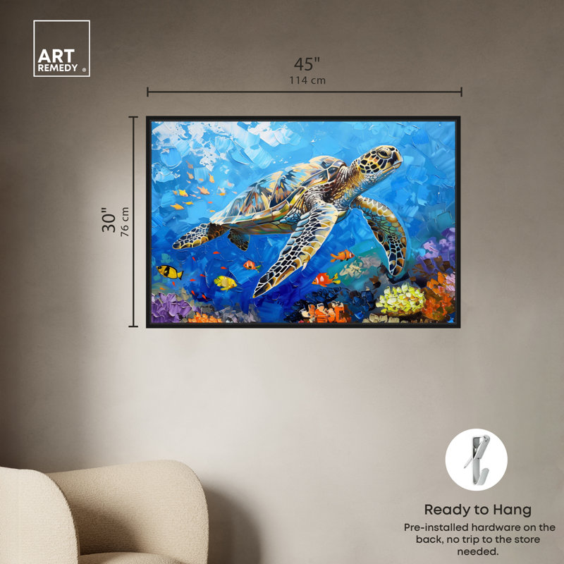 Colorful Coastal Turtle Swimming Canvas Wall Art in Black Frame