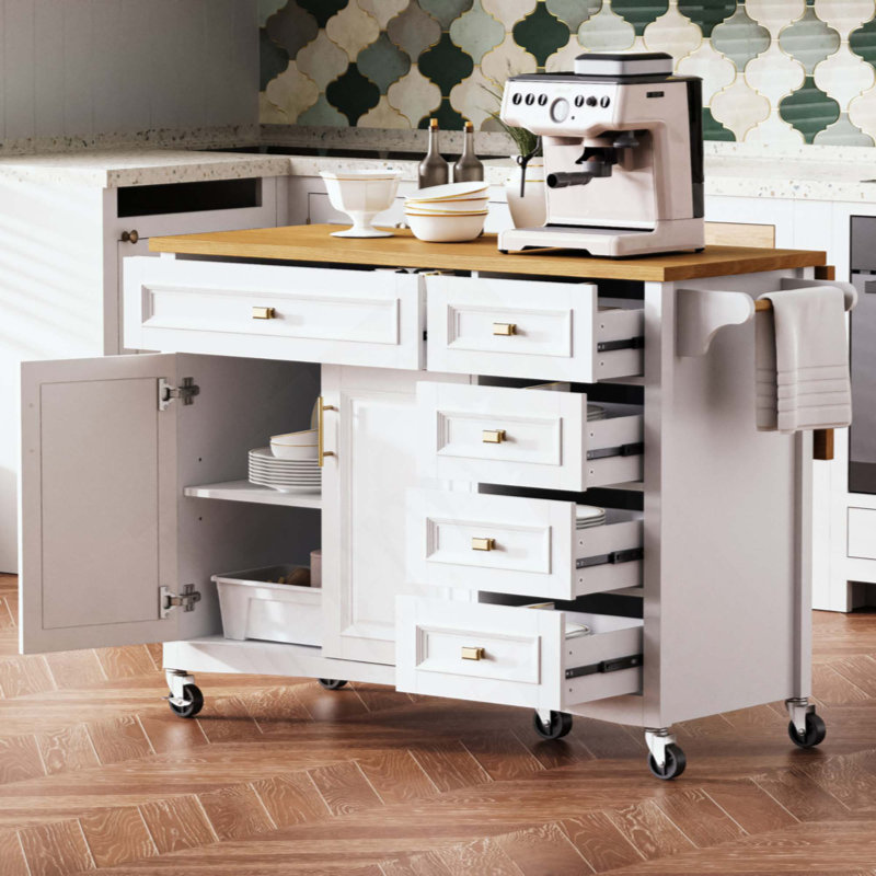 Îlot de cuisine avec abattant, îlot de cuisine à texture en relief sur roulettes avec support à épices, porte-serviettes, 2 portes et 5 tiroirs, chariot de rangement de cuisine avec tablette réglable pour la cuisine