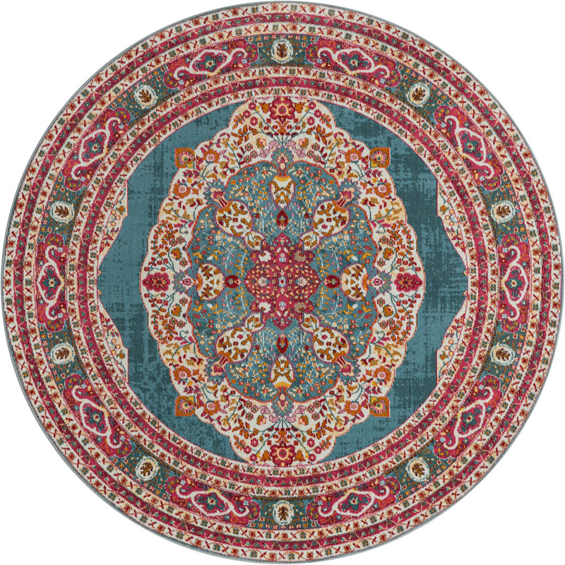 Tapis à motif oriental turquoise Folmar, Rond 8 pi