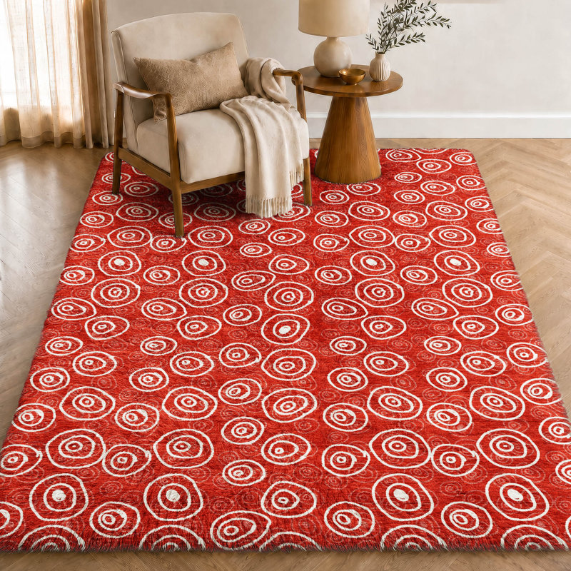 Tapis Dream Shag ADS728 à cercles, lavable à la machine de qualité supérieure, Red, 3' x 5'