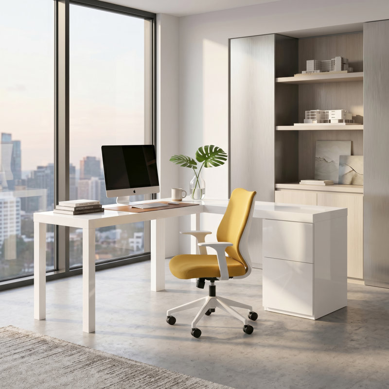 Chaise de bureau Mowbray à dossier bas en filet jaune moutarde avec structure blanche, Jaune moutarde / blanc