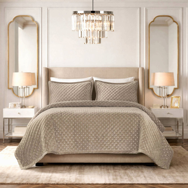 Ensemble de couvre-lit matelassé brodé en velours microfibre 3 pièces, taupe, taille king, King Coverlet + 2 Shams, Taupe