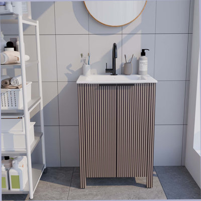 Meuble-lavabo autoportant brun de 30 pouces avec lavabo en céramique blanche, pliable et facile à transporter