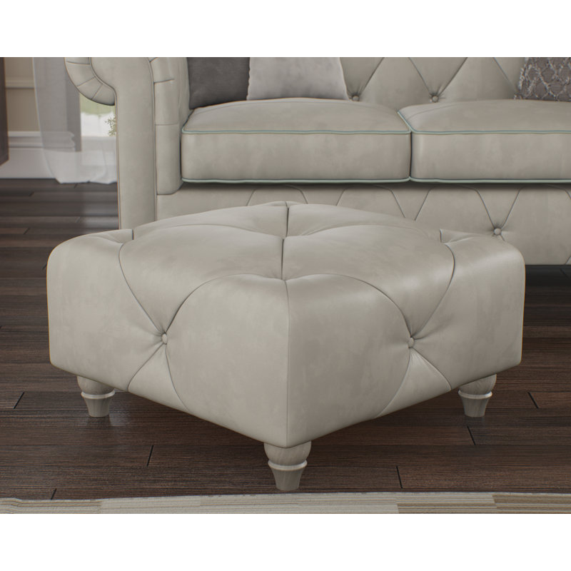 Melrose 65Cm Wide Genuine Leather Tufted Square Ottoman, Washed Oak, Cloud Grey