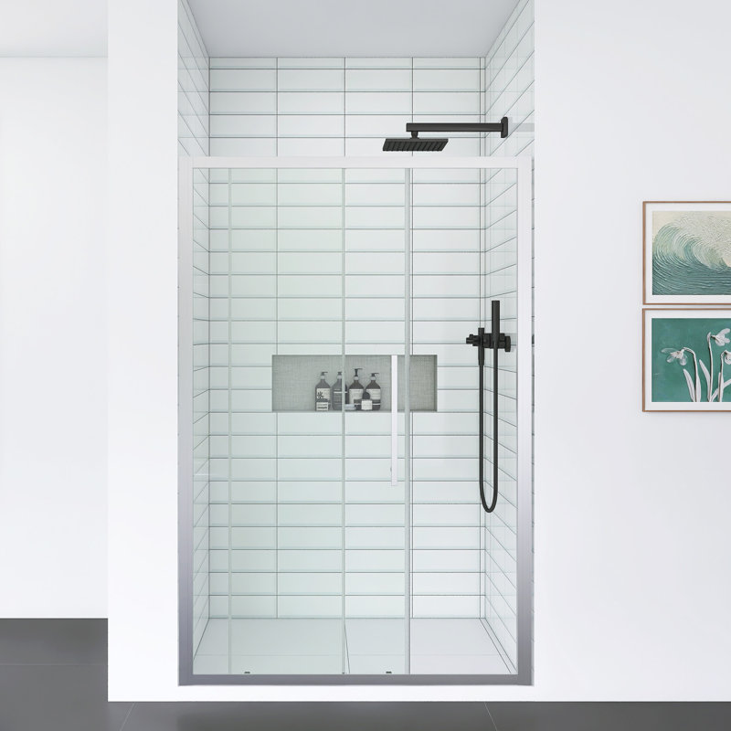 Double porte de douche coulissante avec verre trempé et poignée en acier inoxydable, Chrome chrome