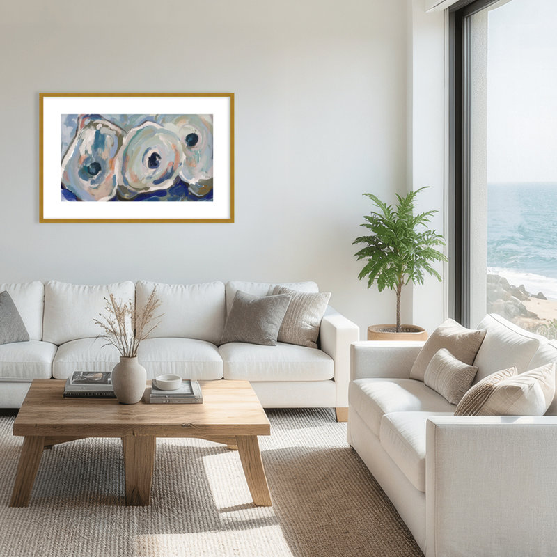 Coastal Retreat Pearlescent Elegance: Oyster Abstract, 16" H x 24" W x 1.125" D, Framed Matted Print, Gold