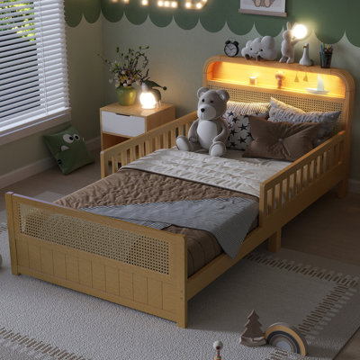 Twin Rattan Bed Frame With LED Lights And Storage Headboard, Twin Size Platform Bed With Safety Guardrails For Kids,(Expect Arrival Date 2026/5/25)