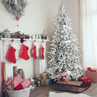 Fraser Hill Farm 9 ft. Mountain Pine Snow Flocked Unlit Artificial Tall Christmas Tree with Stand