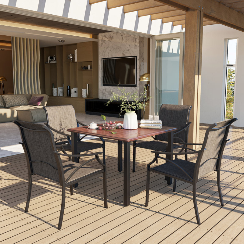 Hashim Square Metal Outdoor Dining Table With Umbrella Hole , 37.8'' in. W 37.8'' in. D, Walnut