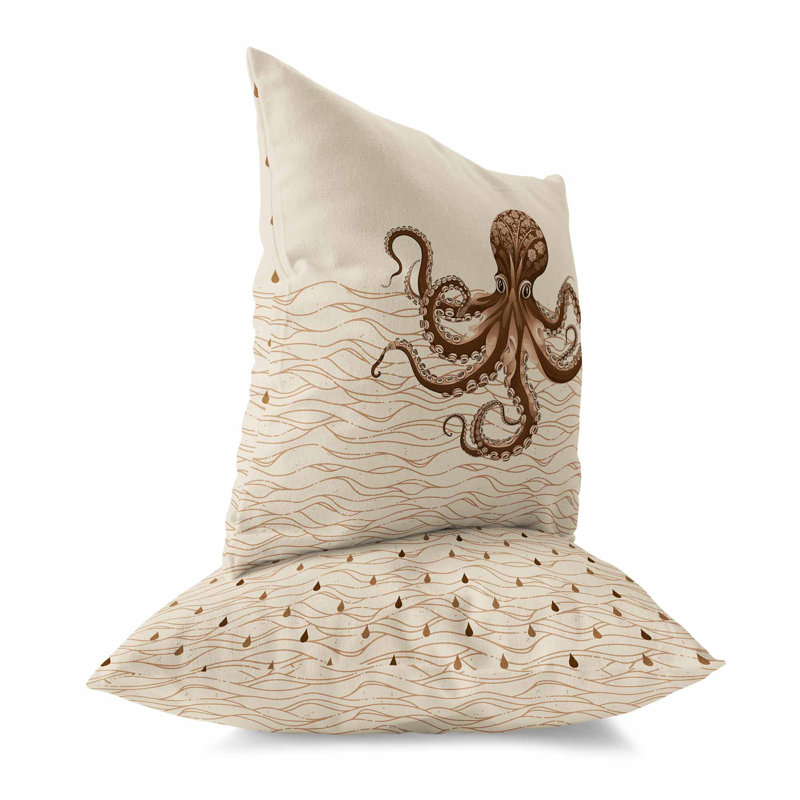 Coussin Oceanic Octo Art, H 26 po x l 26 po, Crème / café