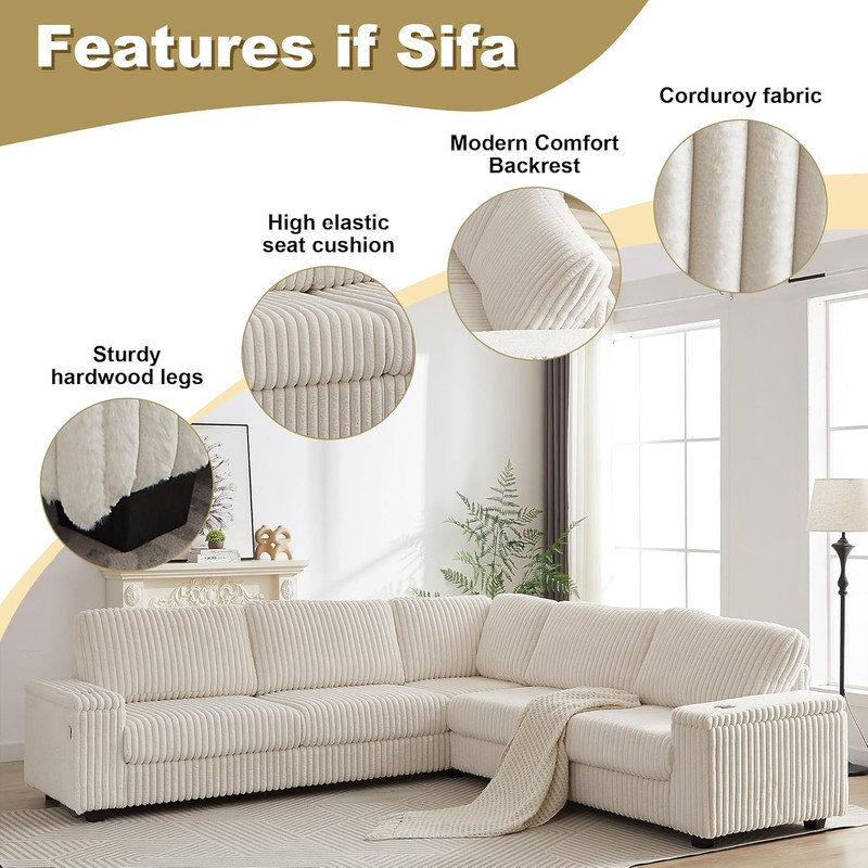110" Oversized Corduroy Corner Sofa,L-Shaped Setioanl Couch with Storage Spaces,Corduroy Fabric, Beige Corduroy