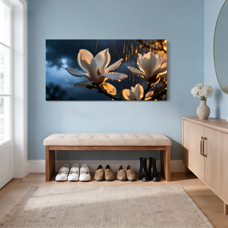 Ensemble de 1 tableau sur toile tendue représentant des fleurs de magnolia sous la pluie, H 28 po x l 58 po