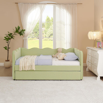 Cozy Gingham Daybed with Trundle  No Box Spring Needed, with USB Port and Adorable Wave Shaped, Linen Fabric