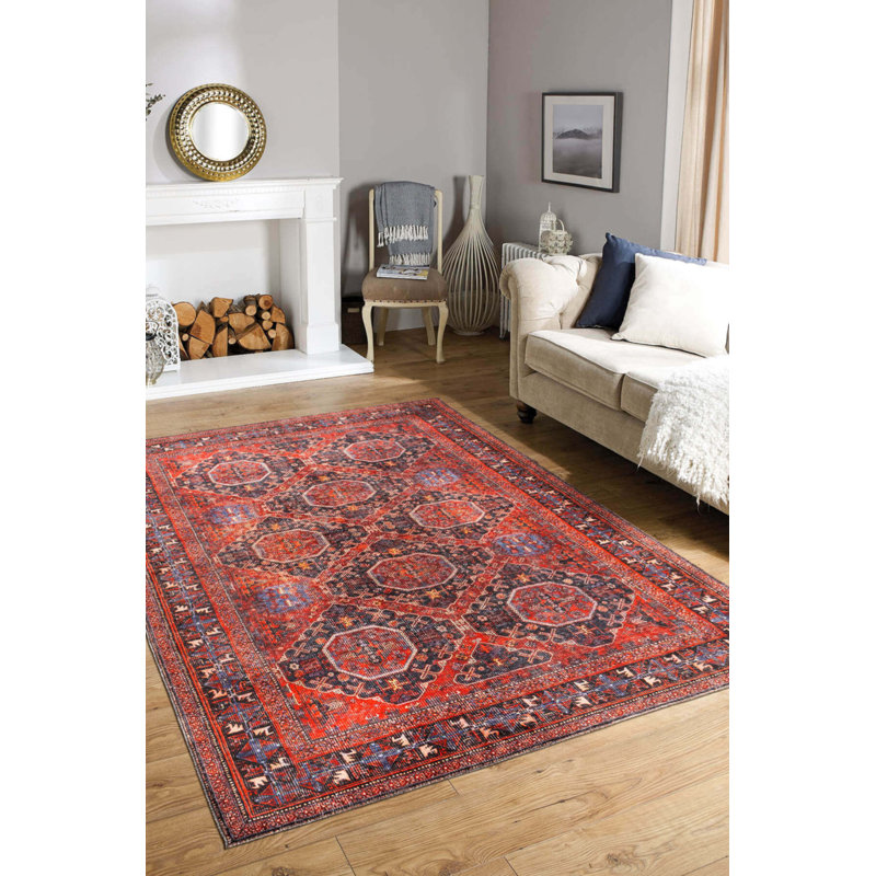 Tapis rouge marocain en polyester tissé à la machine, Rectangle 2 pi 8 po x 5 pi