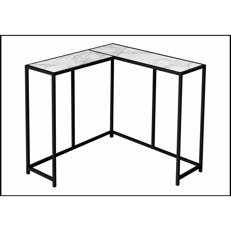 Table d'appoint d'angle étroite avec stratifié d'aspect marbre blanc et structure en métal noir, parfaite pour les vestibules et les petits espaces