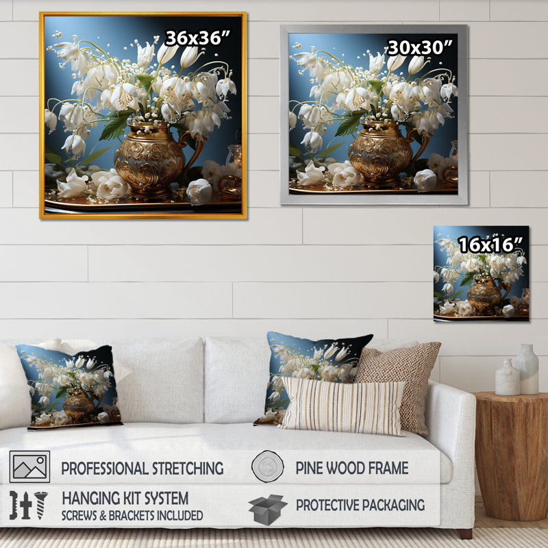 Reproduction d'art sur toile dorée dorée, H 36 po x l 36 po x P 1,5 po, Cadre simple argenté