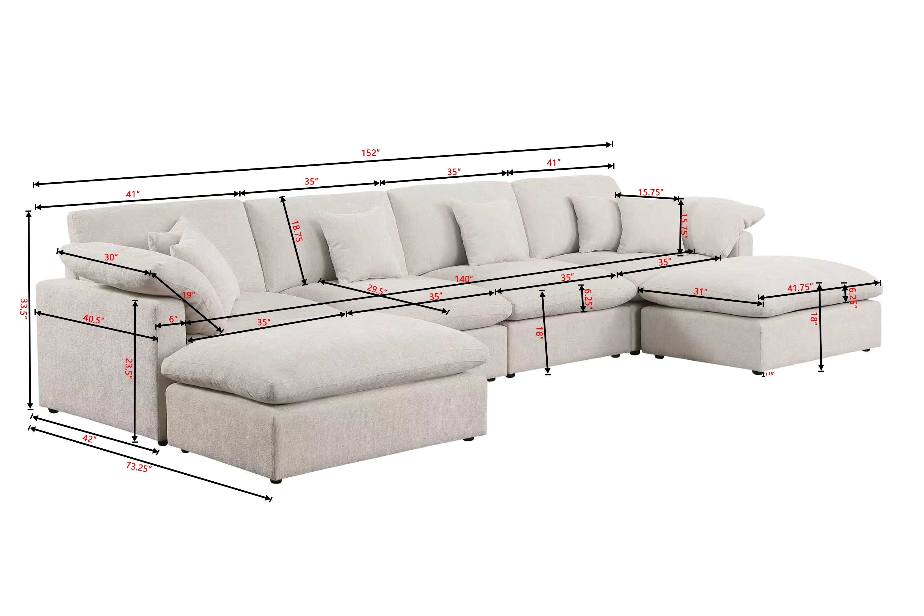 6 - Piece 155.7" U Shape Sectional Sofa Cloud Couch With Removable Ottomans