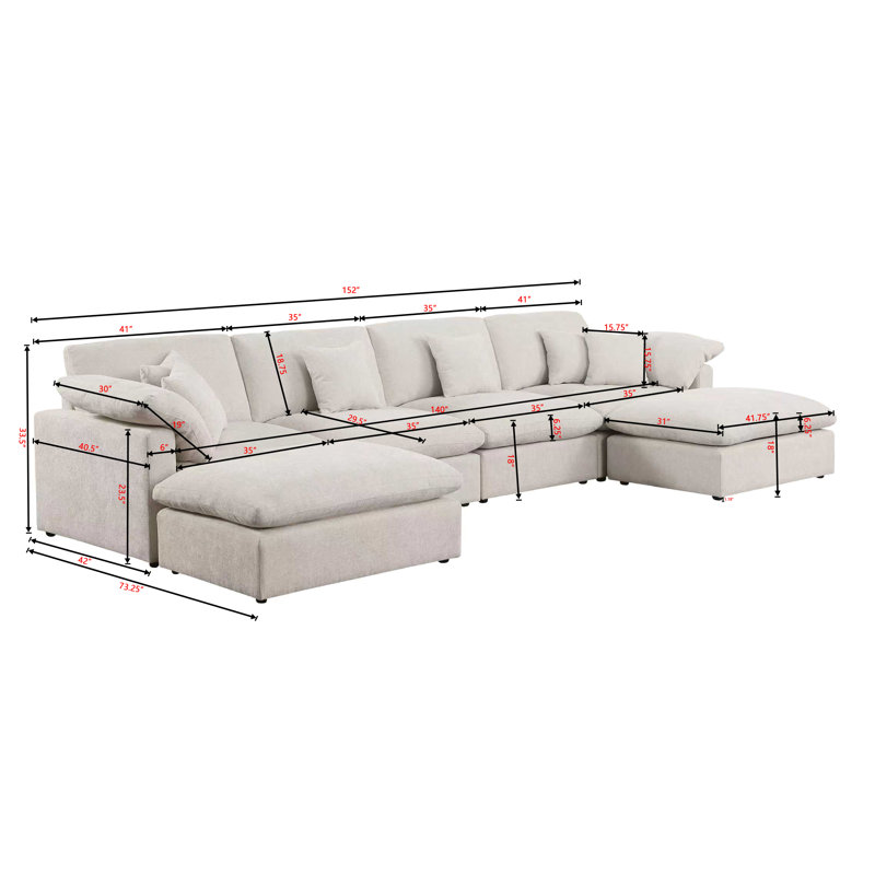 155.7" W 6-Piece Modular Chenille Sectional, Beige Chenille