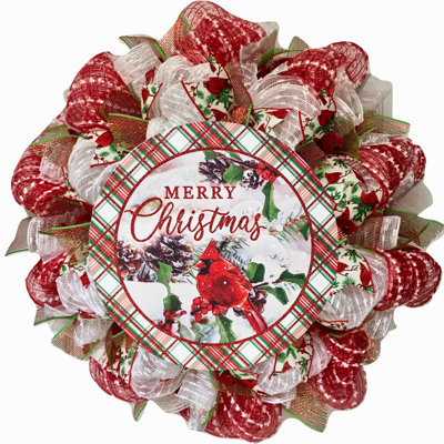 Merry Christmas Cardinal Wreath Handmade Deco Mesh