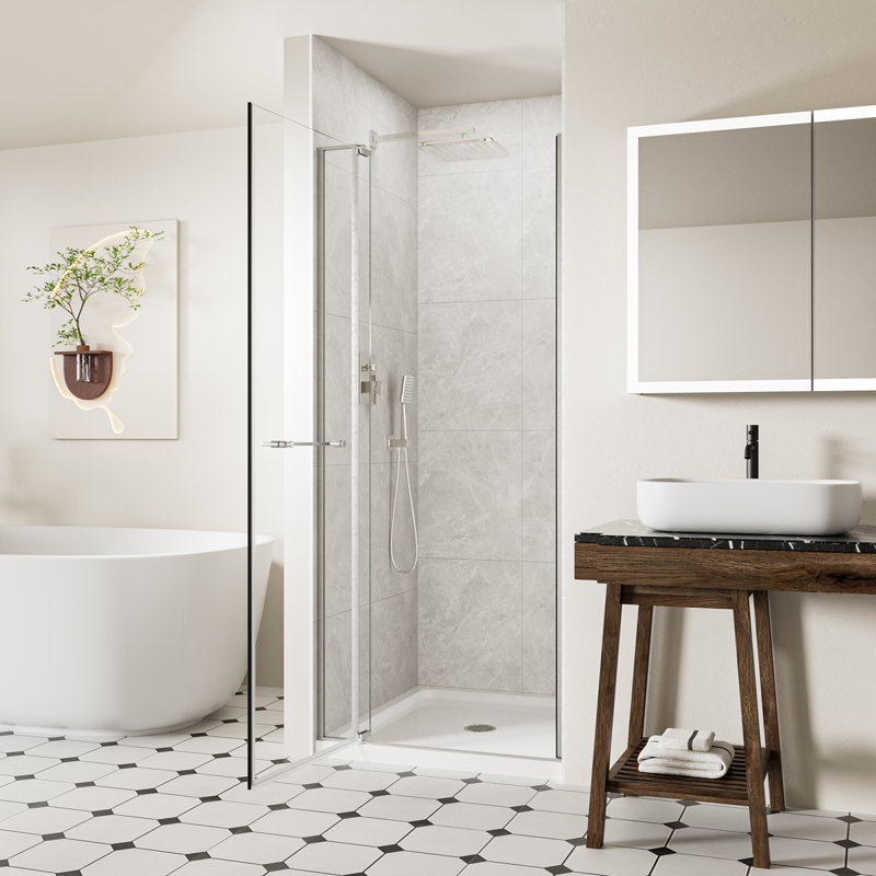 28-32" W x 72" H Frameless Pivot Shower Door with 1/4" (6mm) and 5/16" (8mm) Tempered Glass, Swing Shower Glass Door with Towel Bar, 105°Stop Prevents Collisions, Brushed Nickel Finish