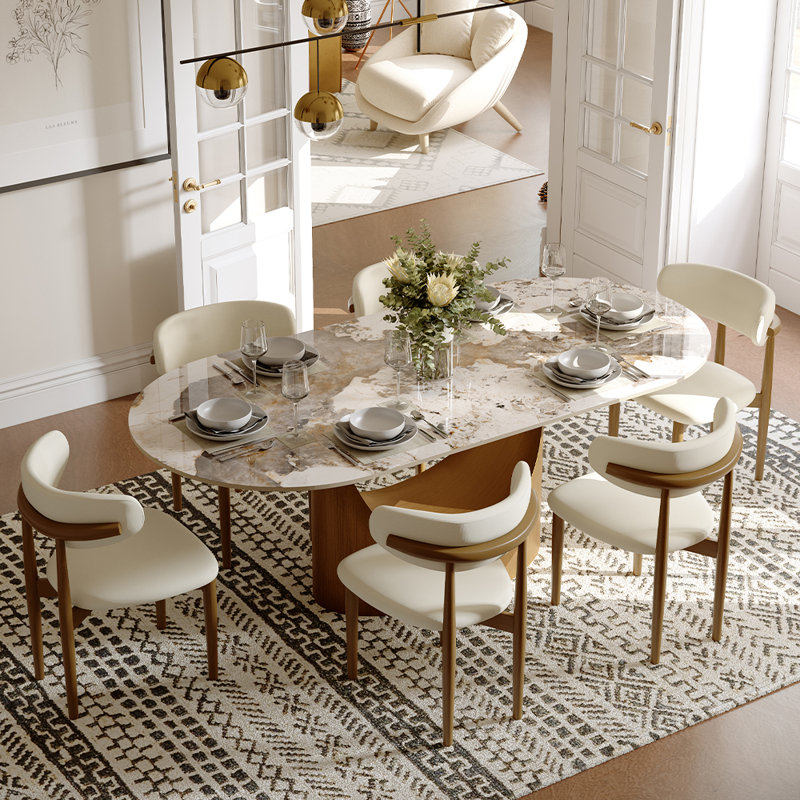 7 Pieces Dining Room Sets, Pre-Assembly Oval Dining Table Sets, Sintered Stone Tabletop Kitchen Dining Table Set With Upholstered Chairs