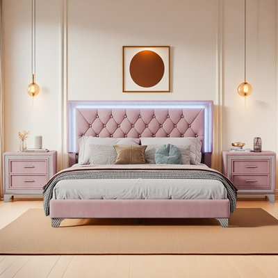 3-Pieces Bedroom Sets,Queen Size Upholstered Platform Bed With LED Lights And Two Nightstands