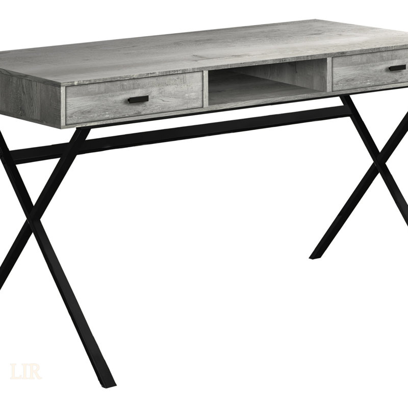 Contemporary Grey Laminate Computer Desk With Storage Drawers And Black Metal Frame For Modern Home Office, Gray