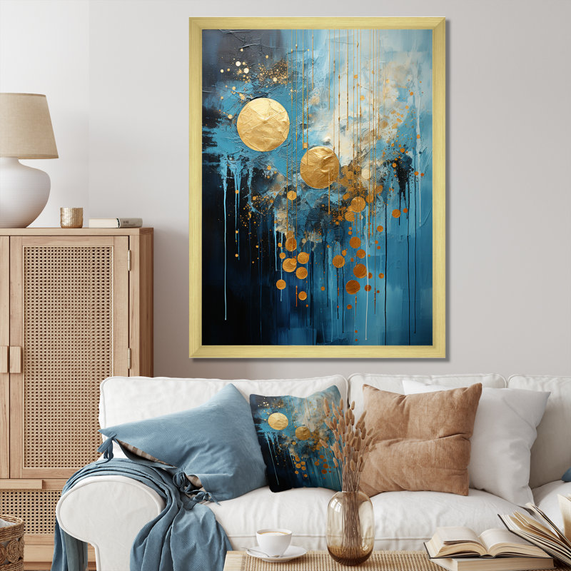 Lune bleu et or cycle céruléen Dreams II, Cadre doré simple, H 32 po x l 24 po x P 1 po