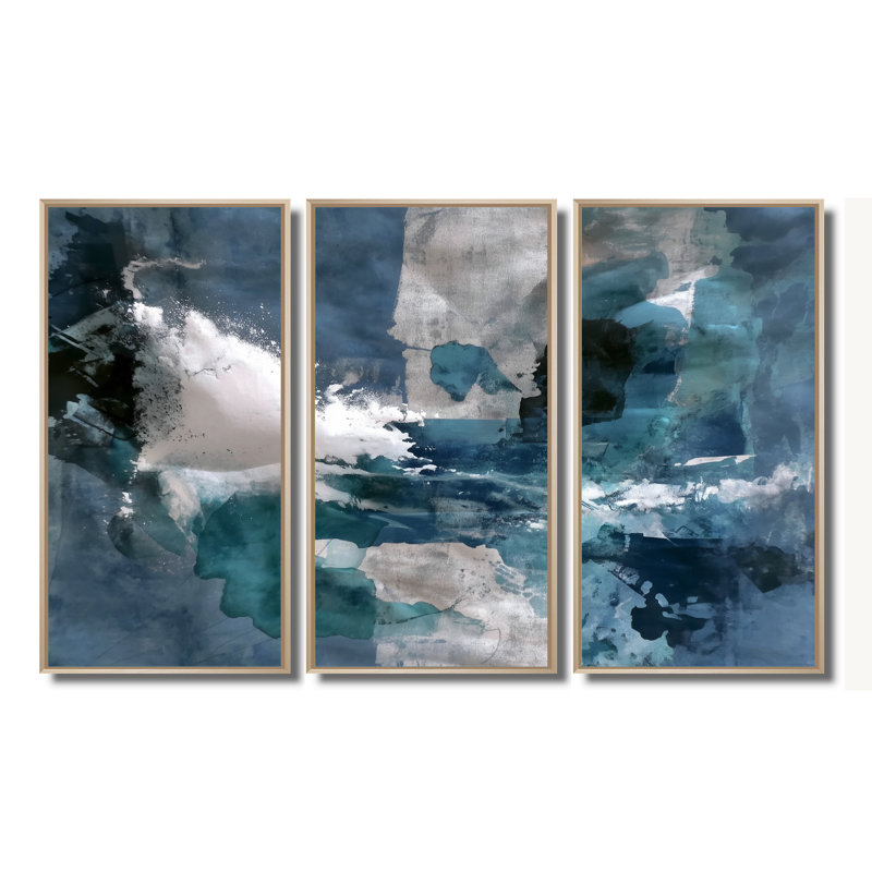 «Blue Sturdy Guardians», ensemble d'art mural abstrait, H 32 po x l 48 po, Reproduction avec cadre flottant, Naturel