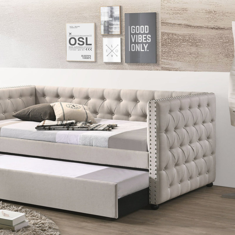 Lit de jour en tissu avec lit gigogne pour toute chambre d'amis, Complète, Beige