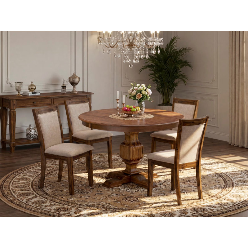 L'ensemble de table de salle à manger 5 pièces pour 4 personnes comprend une table de cuisine ronde avec piédestal et 4 chaises de salle à manger Parsons en tissu kaki foncé