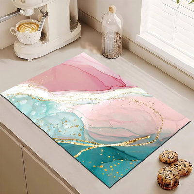 Tapis égouttoir à vaisselle en marbre rose pour comptoir de cuisine, tapis absorbant en diatomées à motif marbre abstrait vert et or, idéal pour la cuisine, la table basse ou le bar, 75 cm x 44,5 cm