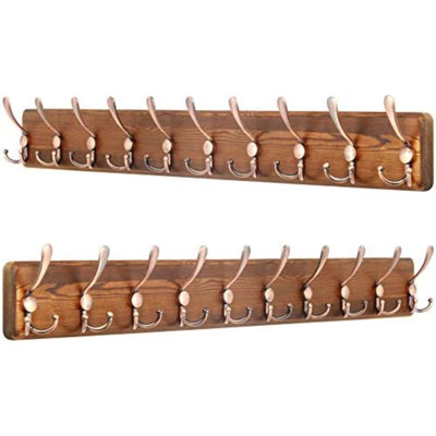 Coat Rack Wall Mounted - 38.3'' Long, Pack of 2, Wooden, Heavy Duty, Rustic Coat Hooks for Wall, Wall Coat Rack with 10 Triple Hooks for Hanging Clothes, Jacket, Hat(Brown & Retro Red)